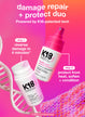 K18 heat bounce and hair mask products on a pink background with text about damage repair and protection.
